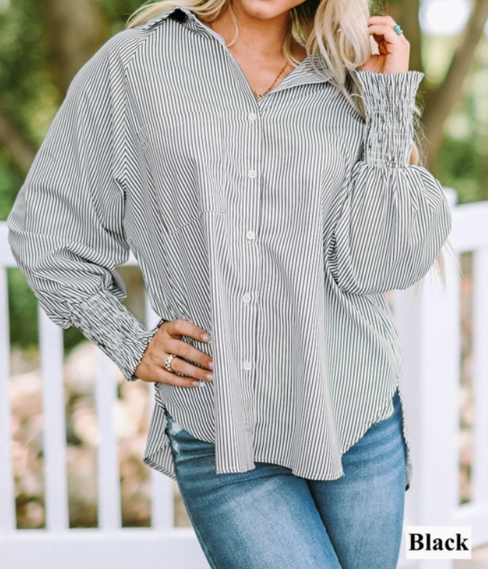 Kyrie Striped Smocked Sleeve Buttoned Shirt