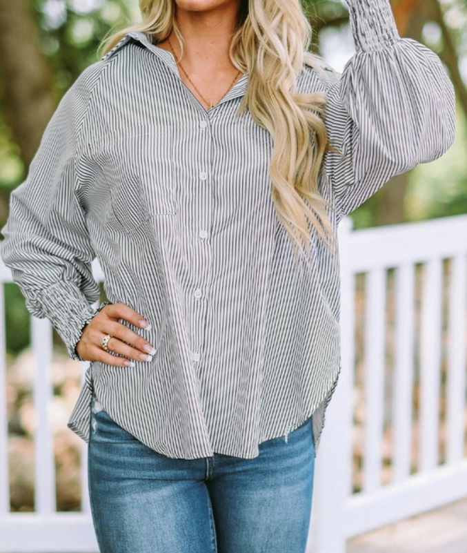 Kyrie Striped Smocked Sleeve Buttoned Shirt